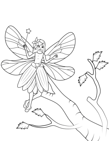 Fairy With Wand Flies Over A Tree Coloring Page